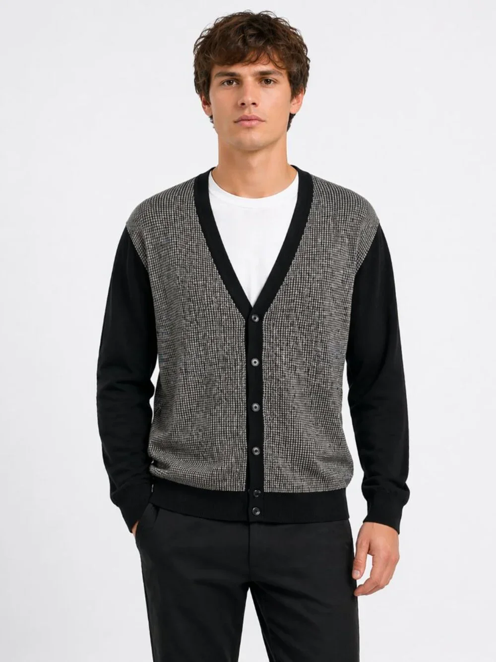 PAUL FREDRICK Silk Cotton Houndstooth V-Neck Button Cardigan Men’s Medium